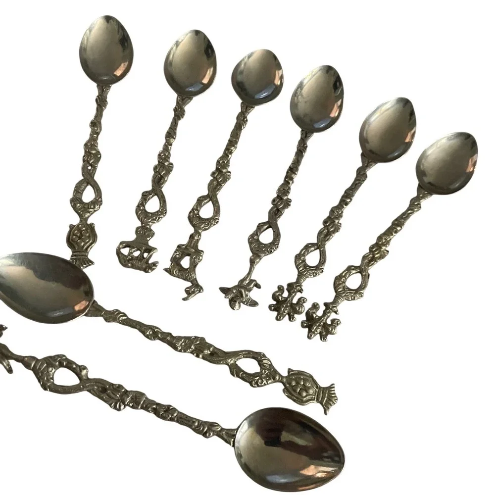 Vintage Italian Silver Tone Demitasse Souvenir Spoons Set of 8 Figural Handles